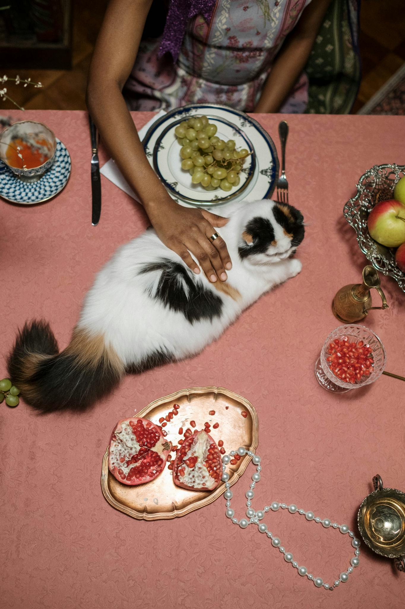 A cat lounges on a set dining table with fruits and a pearl necklace.