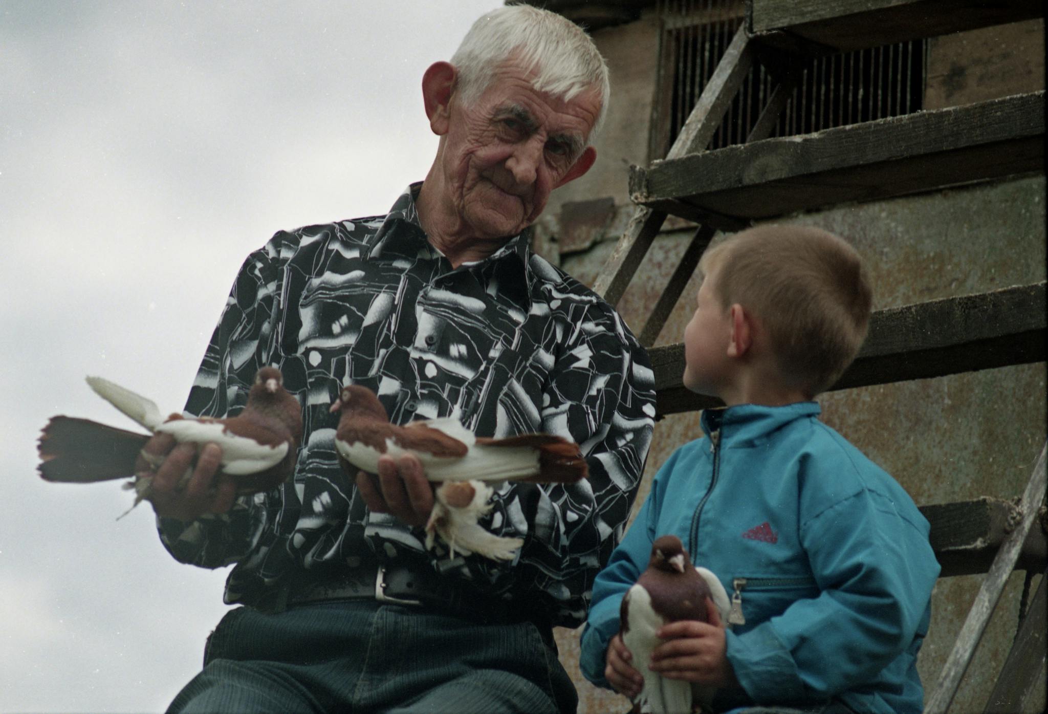 An elderly man and young boy holding pigeons, sharing a bonding moment outdoors.